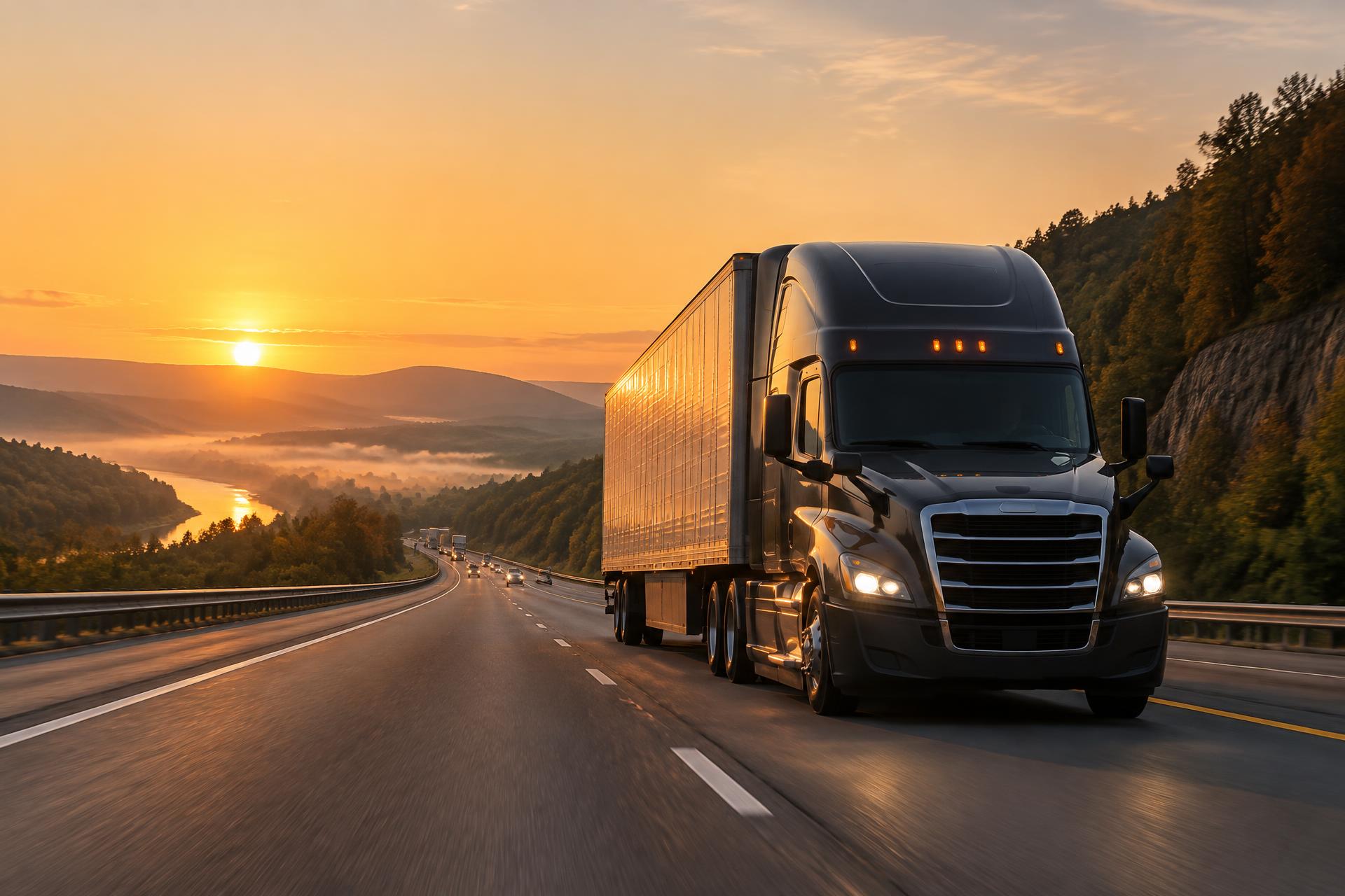 American Class 8 tractor-trailer traveling a mountain interstate at sunrise
