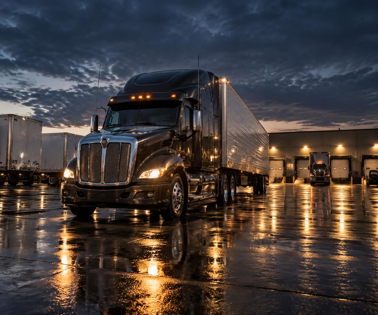 American tractor-trailer at a freight distribution yard